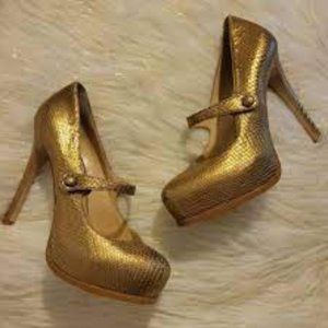 Bridgitte Bailey PLV Pour LA Victoire Gold Snakeskin REBECKA Mary Jane Sz 8 Y2K